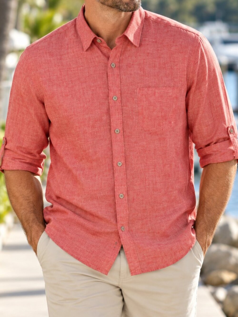 Ocean & Coast Men's XXL Coral Pink Linen Long Sleeve Button Down Shirt Roll Tab